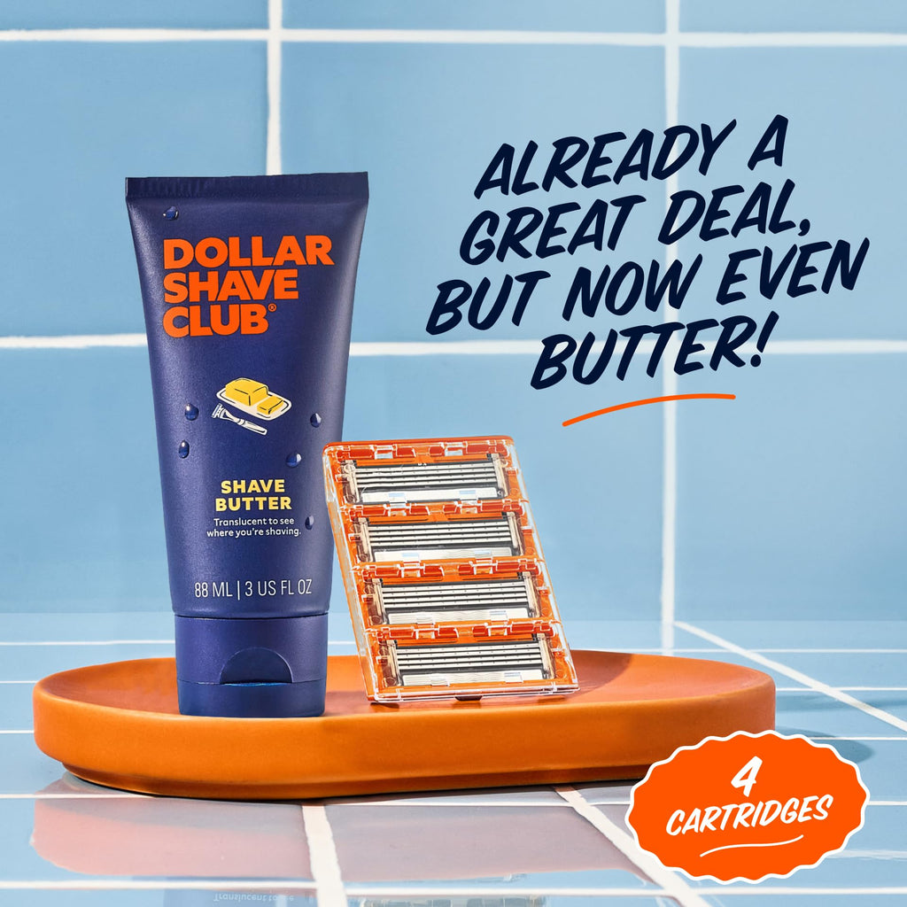 Dollar Shave Club | 4 Blade Razor Refills (4 Pack) and Shave Butter 3 ounce | Swift Rinse Blades for Longer and Thicker Hair | Razors for Men
