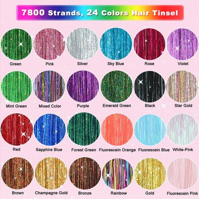 Aouuhe Hair Tinsel 24 Colors 7800 Strands Hair Tinsel Kit with Tools 48 Inch Glitter Tinsel Hair Extensions Festive Party Fairy Hair Tinsel Kit for Women Girls Hair Accessories