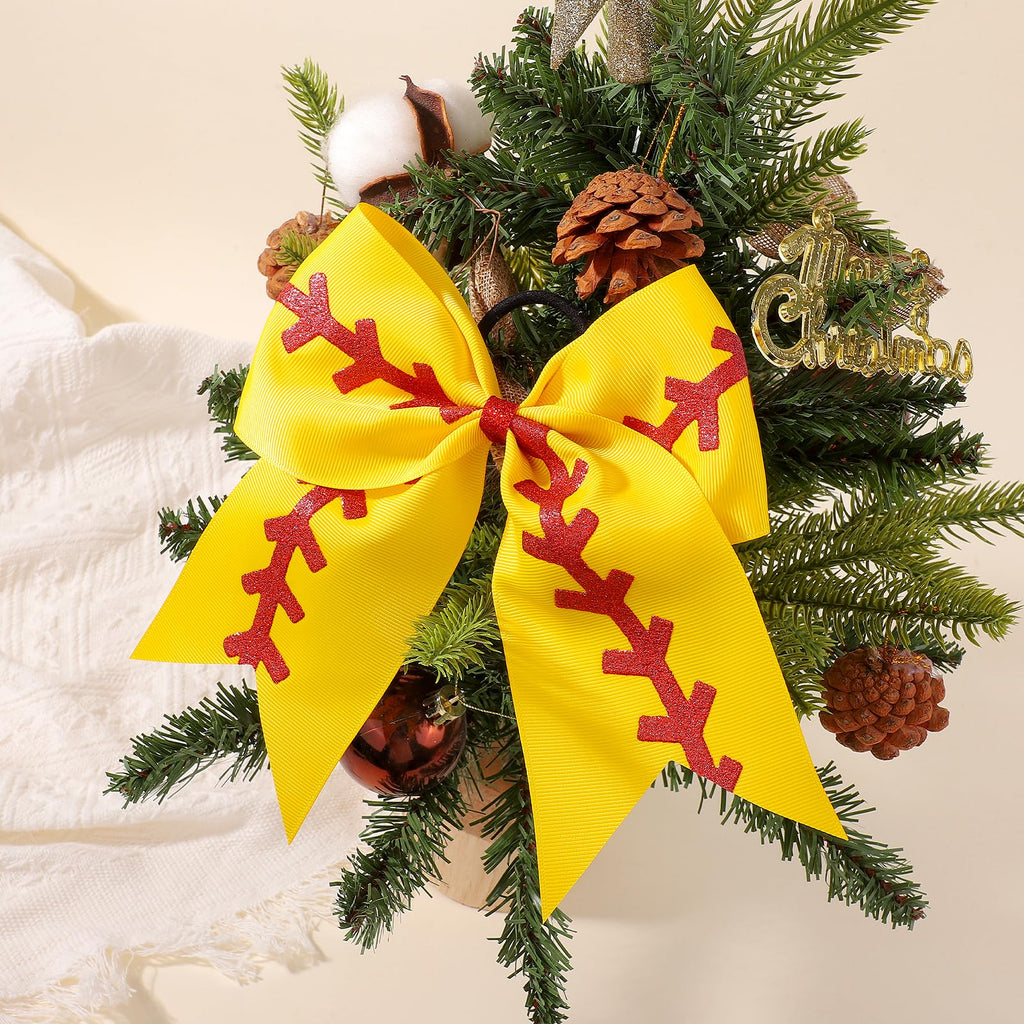 YLEN YHXX 20 PCS 8" Large Softball Cheer Hair Bows Cheerleading Bows with Ponytail Holder Elastic Band Handmade for Cheerleading Teen Girls College Sports （Softball Yellow）