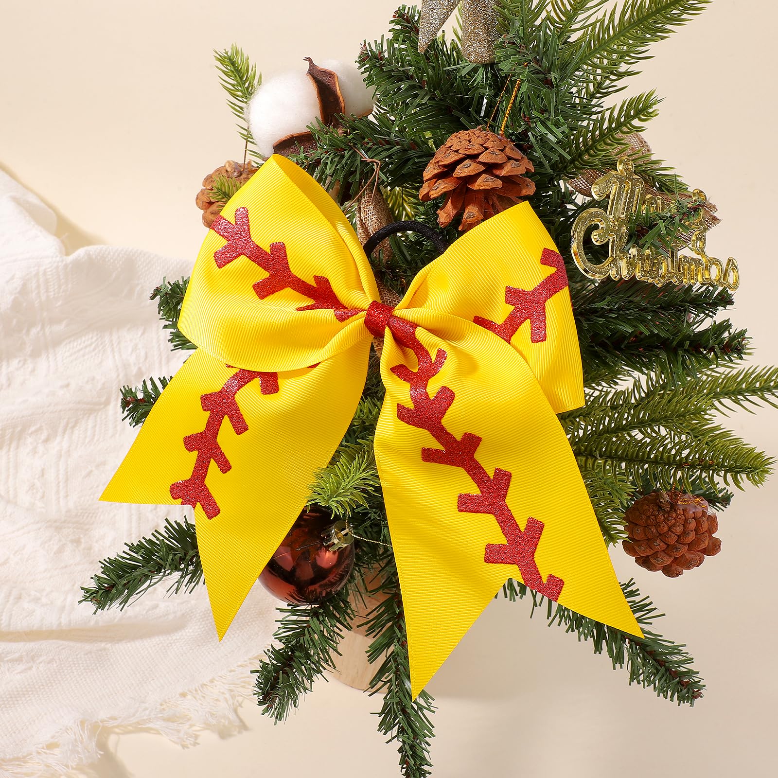 YLEN YHXX 20 PCS 8" Large Softball Cheer Hair Bows Cheerleading Bows with Ponytail Holder Elastic Band Handmade for Cheerleading Teen Girls College Sports （Softball Yellow）