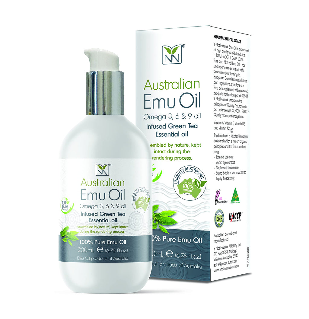 Y Not Natural Pure Emu Oil - Organic Moisture for Face, Body, Hair, Scalp & Nails - Rich in Omega 3-6-9, Vitamins & Essential Minerals - Australian Emu Oil (200ml) 6.76 fl oz - Green Tea