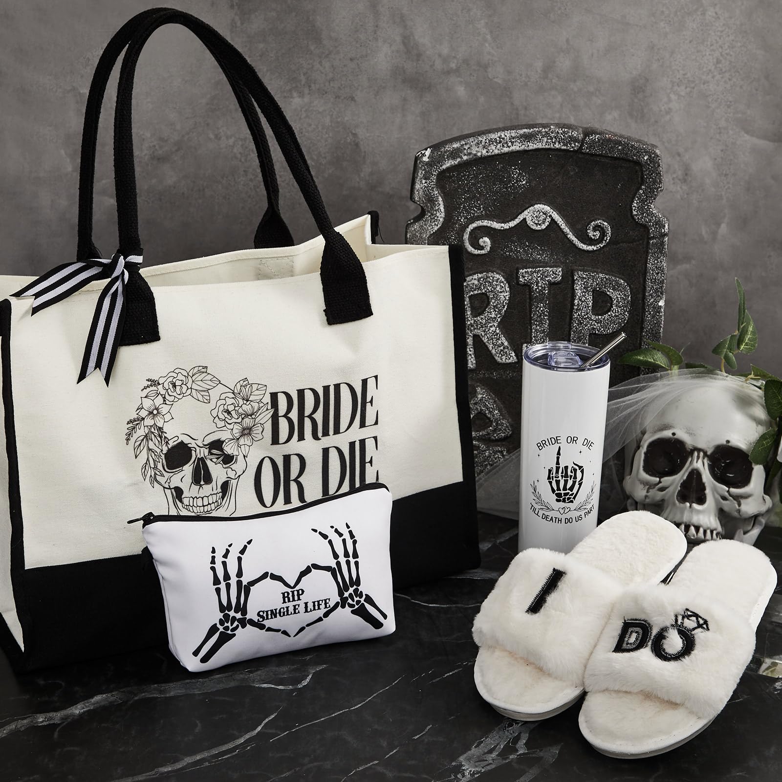 Cosblank 4 Pcs Bride Gifts for Bridal Shower – Bride or Die Bachelorette Gift Set, 20oz Stainless Steel Tumbler, Canvas Tote Bag, Makeup Pouch & Cozy Bridal Slippers, Wedding Morning Gift