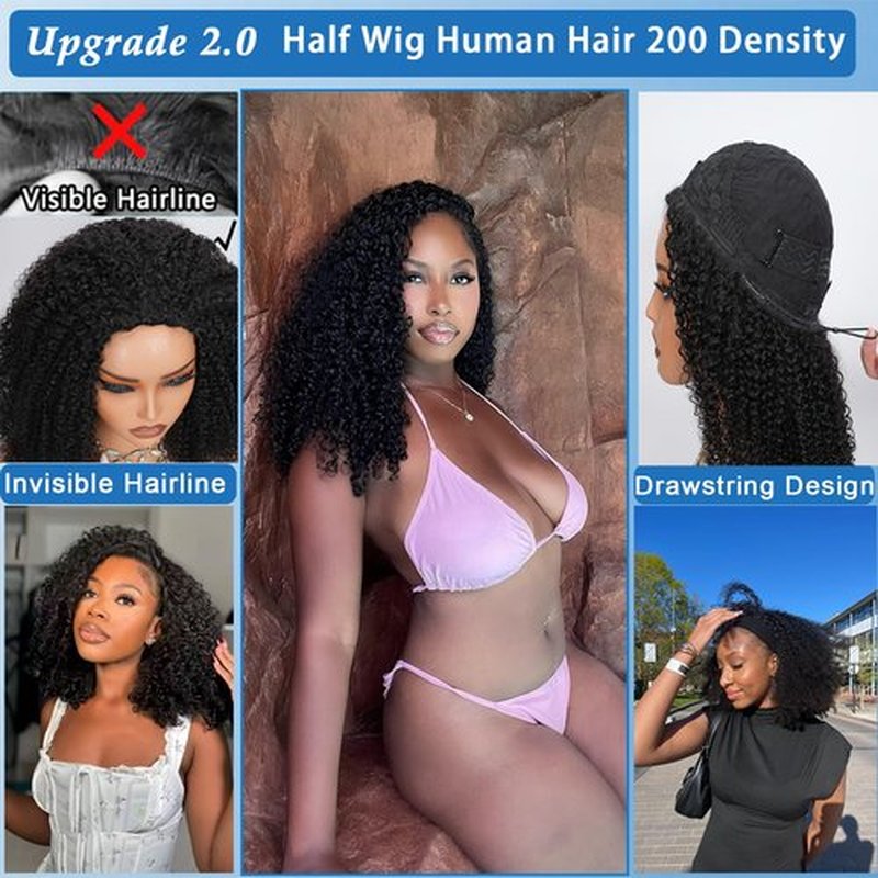 Ding Dian Kinky Curly Half Wig Human Hair 200% Density 3 IN 1 Glueless Wear and Go Half Wig Human Hair With Drawstring Seamless Clip Ins Flip Over No Glue No Lace For Women Beginner Friendly 18 Inch
