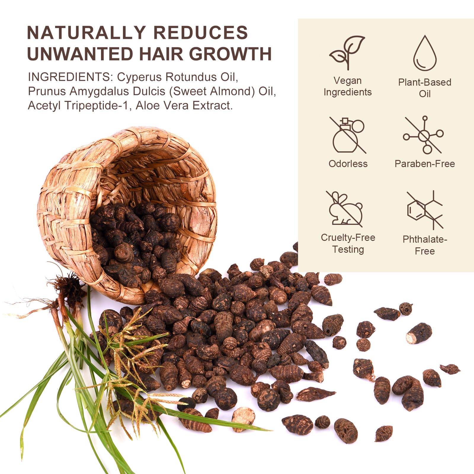 ZIXAOK Natural Cyperus Rotundus Oil for Hair Reduction | Slows Unwanted Body Hair Growth on Face, Arms, Bikini Line | Balances Skin Tone & Moisturizes | 100% Pure, All Skin Types | 2.02 Fl Oz
