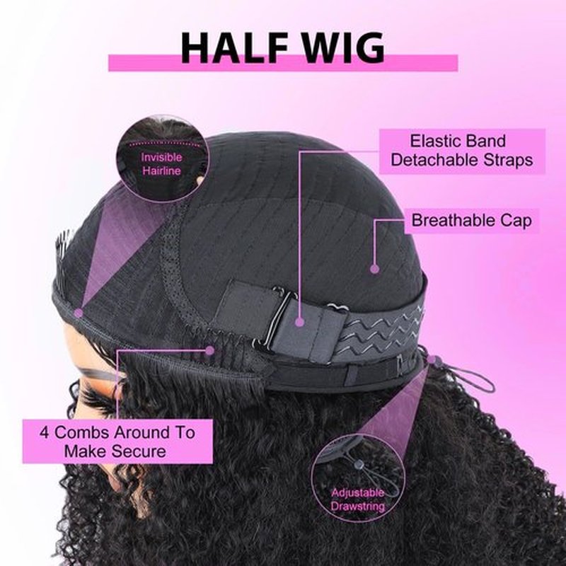 Half Wig Human Hair Afro Kinky Curly Wigs for Black Women 200 Density Glueless Wigs 100% Human Hair Ready to Go 3 In 1 Seamless Flip Over Drawstring Headband Wig for Women Clip in No Sew In 18 Inch