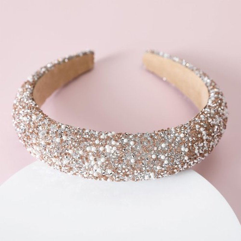 Gmmidea Pearl Rhinestone Women Headband Fashion Bling Beaded Crystal Diamond Headband Glitter Bejeweled Padded Hairband Holiday Girls Headpiece Sparkle Hair Accessories C-Champagne