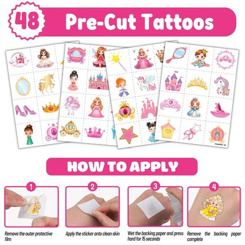 Cherisnowy 72PCS Little Princess Party Set - 48PCS Temporary Tattoos & 24PCS Slap Bracelets - Cute Birthday Supplies, Baby Shower Gifts, Classroom Rewards & Princess-Themed Decor for Girls