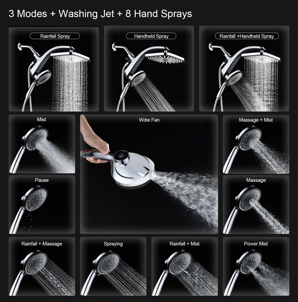 BOZYBO Rain Shower Head with Handheld: High Pressure Shower Heads with Handheld Spray Combo, 12" Rainfall Shower Head and 9 Sprays Hand Showerheads with Magnetic Docking and Power Jets, Chrome 1.8GPM
