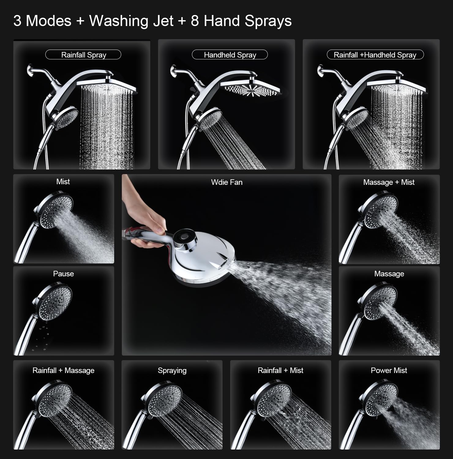 BOZYBO Rain Shower Head with Handheld: High Pressure Shower Heads with Handheld Spray Combo, 12" Rainfall Shower Head and 9 Sprays Hand Showerheads with Magnetic Docking and Power Jets, Chrome 1.8GPM