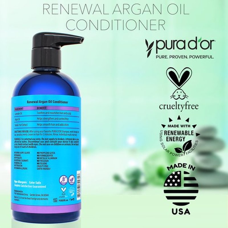 PURA D'OR 16 Oz Renewal Argan Oil Conditioner – Sulfate-Free, Hydrating, Frizz Control, Color-Safe, with Organic Aloe Vera & Argan Oil, Nourishing & Strengthening for Dry, Damaged Hair