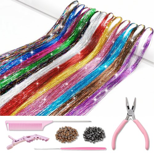 Hair Tinsel Kit with Tools and Instruction Easy to Use 12 Colors 2400 Strands 48 Inches Tinsel Hair Extensions for Women and Girls, Glitter Sparkling Shinny Fairy Hair Accessories for Party