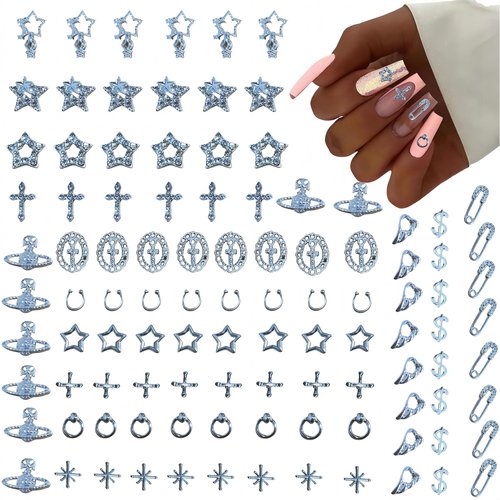 GAWRJ 104 Pcs Long Lasting Metal Alloy Nail Charms Kit, Perfect for Unique Nail Art Decorations, Including Silver Stars, Planets, Hollow Crosses & Gemstone Pins, Affordable and Detailed