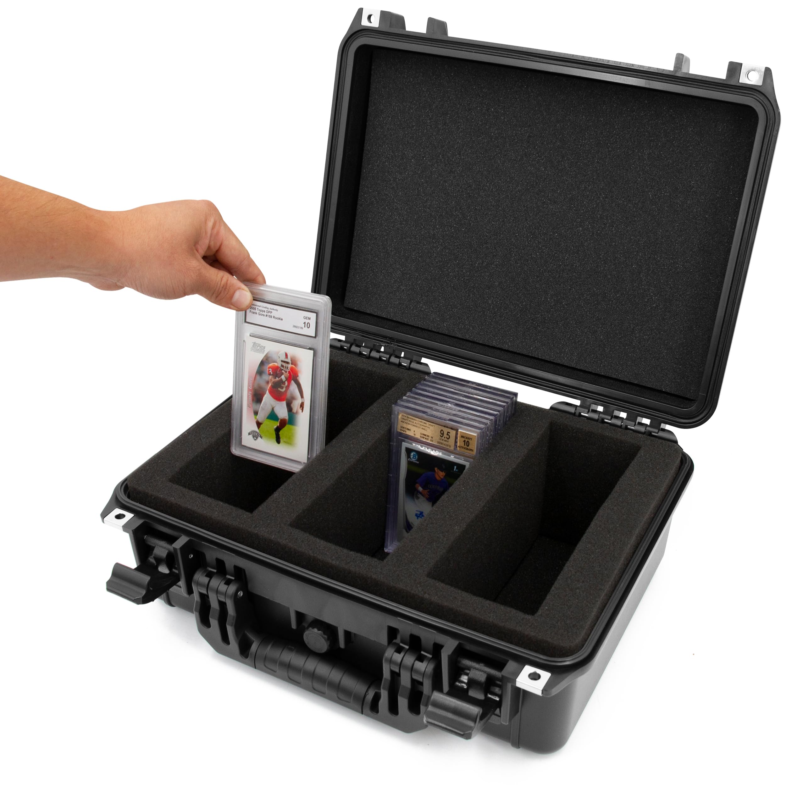 CASEMATIX Waterproof Graded Card Storage Box for 100 PSA, BGS, CSG Sports Cards – IPX7 Protective Holder Case Fits PSA Slabs and Toploaders With Dividers – Durable Collectible Card Case