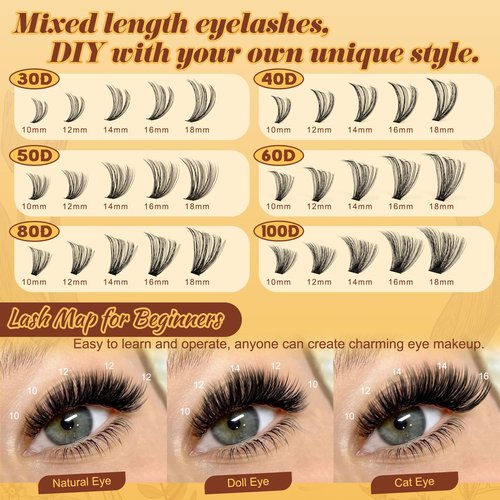 QUEWEL 580PCS Eyelash Clusters 30D+40D+50D+60D+80D+100D Wispy Lash Clusters 10-18mm Cluster Lashes Individual Lashes Clusters Reusable for Natural DIY Cluster Eyelash Extensions for Beginners