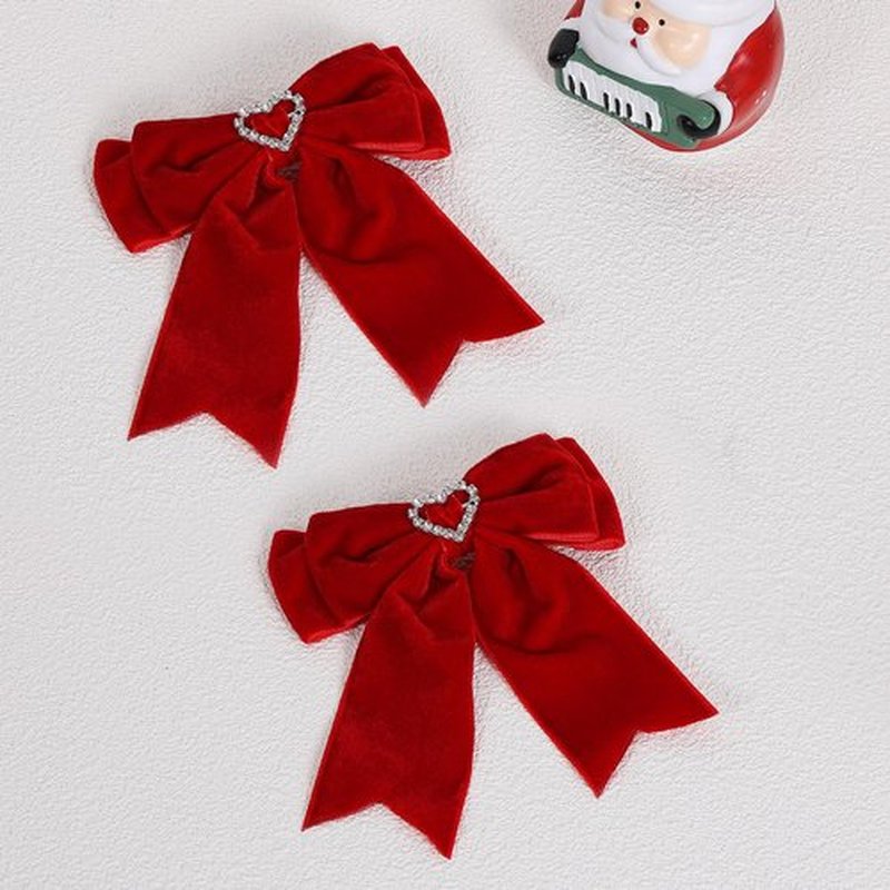 Red Velvet Hair Bow Clips Girls Bowknot Hair Ribbon Clips Heart Rhinestones Hairpins Hair Accessories for Christmas Valentine's Day