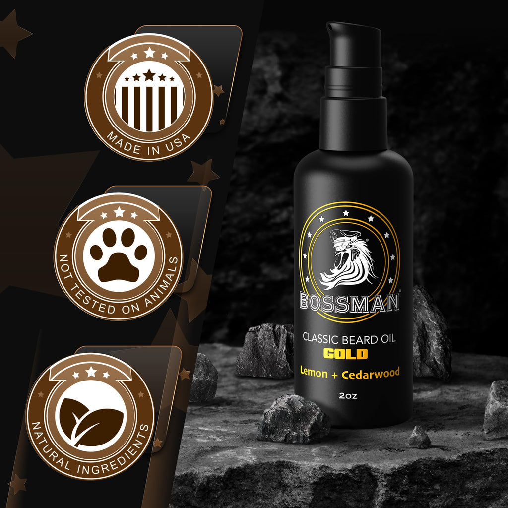 Bossman Organic Mustache & Beard Oil for Men, 2 oz – Natural Beard Moisturizer with Jojoba, Argan & Avocado Oils (Gold Scent)