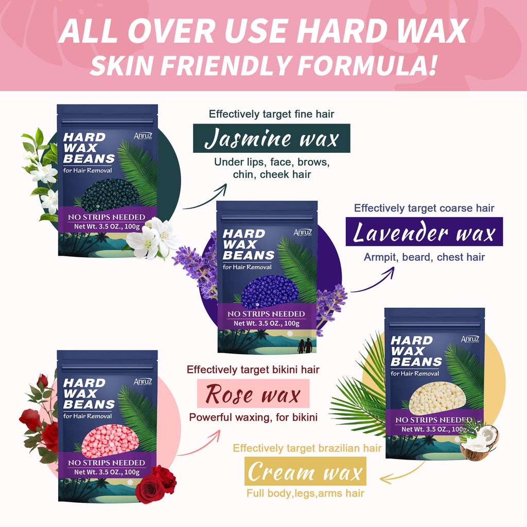 Anruz Waxing Kit for Women Men, 500ML Wax Warmer Kit with Silicone Bowl, 4 Bags Hard Wax Beads and 40 Sticks, Hair Removal Wax Kit for Brazilian Bikini, Face, Eyebrow, Nose, Sensitive Skin, Pink