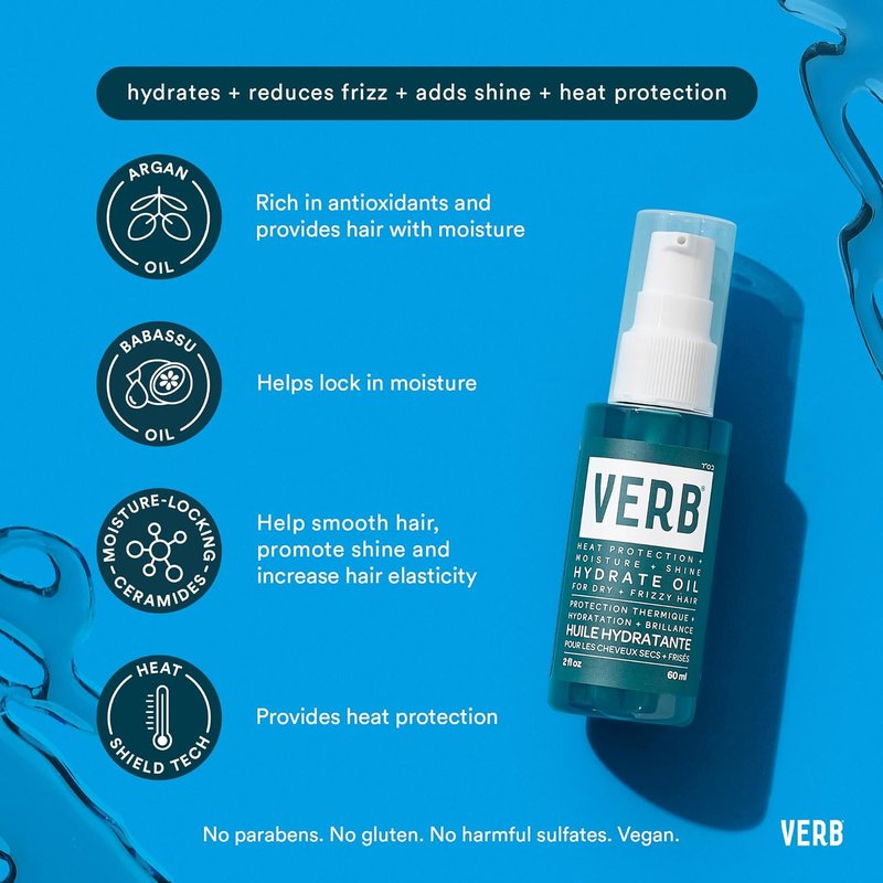 VERB Hydrate Oil - Moisturizing Treatment - Boosts Shine & Smooths Frizz - Heat Protection - Amber & Warm Jasmine Scent