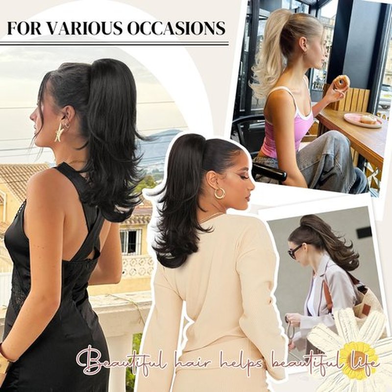 LONAI Ponytail Extension for Women,18 Inch Layered Wavy Pony Tail Hair Extensions, Natural Drawstring Ponytail Synthetic Hairpiece for Daily Wear (Brown with Blonde Highlights)