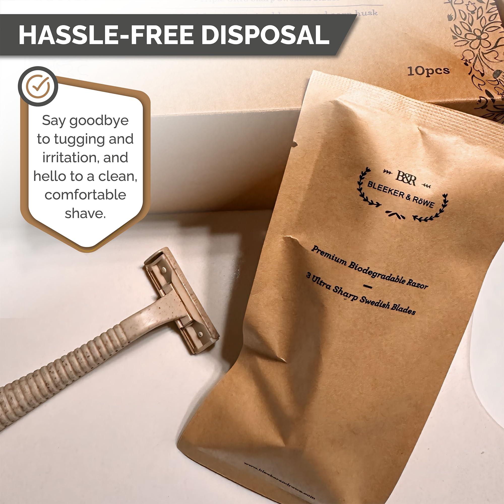 Bleeker and Rowe Eco Friendly Biodegradable Disposable Razors - Plant Based - Triple Swedish Steel Blades - Individually Wrapped (10)