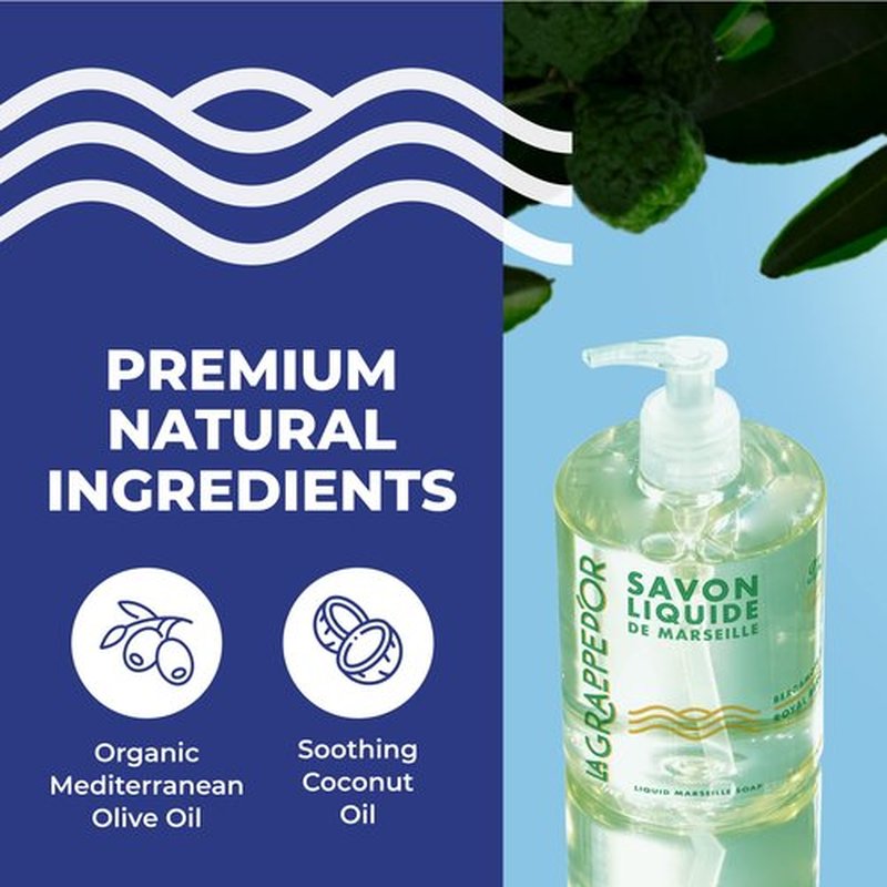 La Grappe d'Or Royal Bergamot Marseille Hand Soap with Essential Oils | Handmade in France from Moisturizing Organic Olive & Coconut Oil | Natural, Cruelty-Free & Vegan, 16.90 oz Liquid