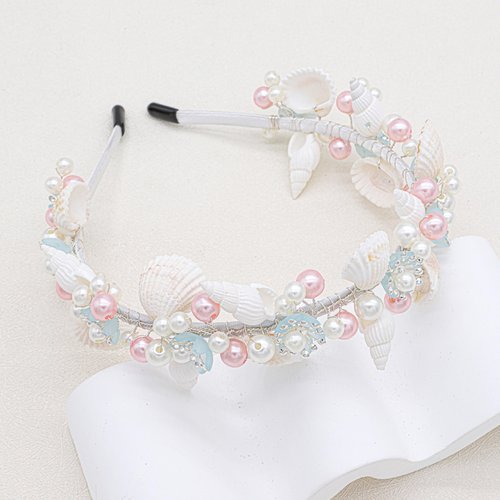 Oriamour Mermaid Crown Seashell Pearl Headband, Beach Wedding Hair Accessory with Pink and White Pearls, Bridal Headbands For Women Girls Summer Headwear Mermaid Headpiece