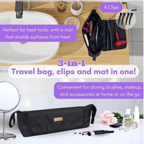 Large Hair Tools Travel Bag and Heat Resistant Mat – Hot Hair Tools Organizer for Flat Iron, Curling Iron, Hair Dryer – 2-in-1 Portable Case for Women Bag (19 x 6.5 in) Mat (11 x 15 in)