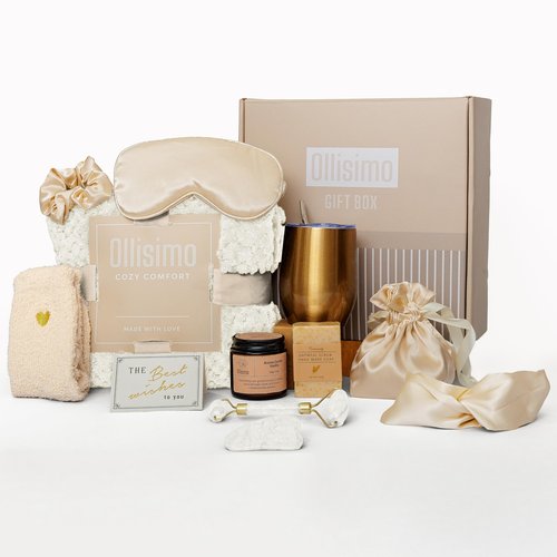 Ollisimo Luxury Gift Basket for Women – Spa Self Care Kit, Hug in a Box, Get Well Soon Package, Thinking of You Gift, Birthday Box, Relaxing Set, Sympathy Present for Her, Mom, Wife, Sister (Ivory)