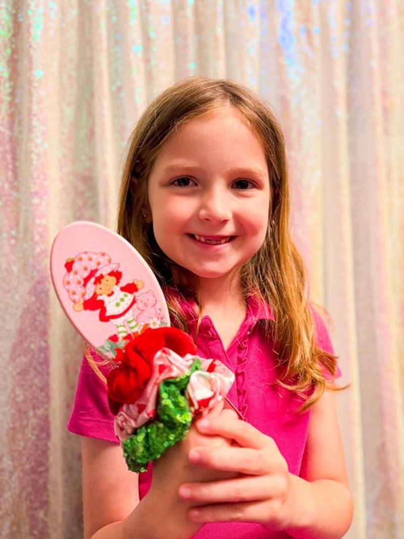 LUV HER Strawberry Shortcake Hair Accessory Set – 5 Pieces: 1 Detangling 9-inch Hairbrush & 4 Scrunchies, Elastic Hair Ties, Ages 3+