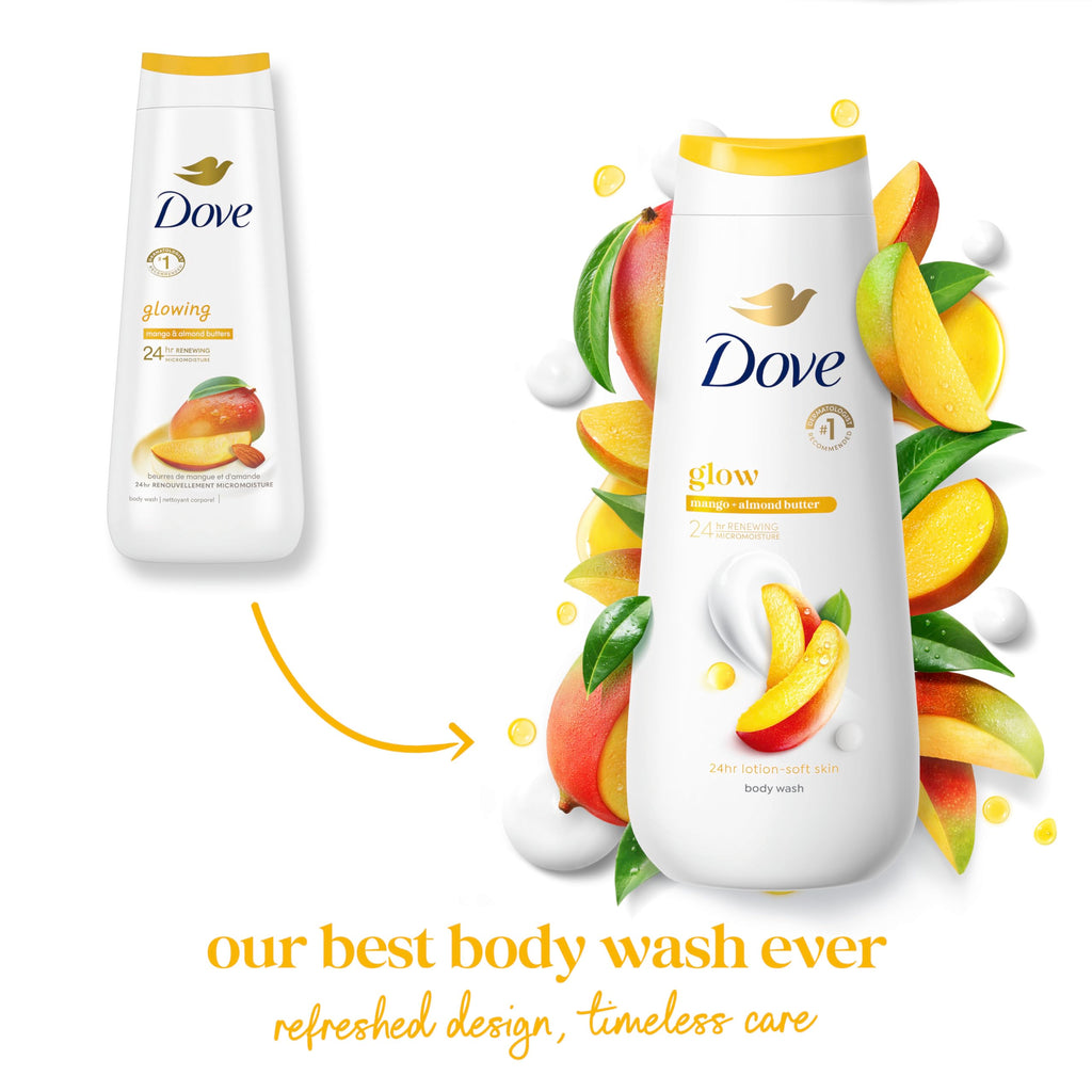 Dove Body Wash Glow Mango & Almond Butter for 24hr Lotion-Soft Skin Moisturizing Skin Cleanser with No Sulfates No Parabens 20 oz