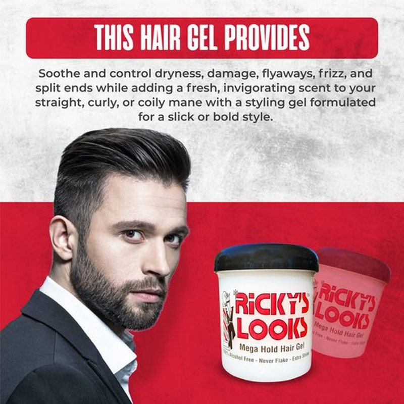 Ricky's Looks Mega Hold Styling Hair Gel for Curly, Frizzy, Straight, Wavy & Fine Hair - Flake Free, Strong Hold and Shine - For All Hair Types - Men & Women