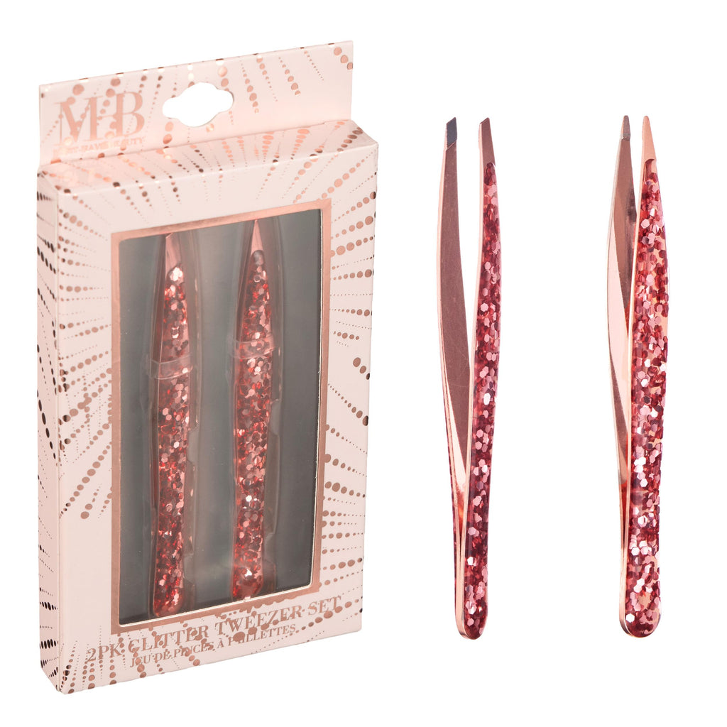 2pc Rose Gold Glitter Tweezer Set - Pointed & Slanted Precision Tweezers