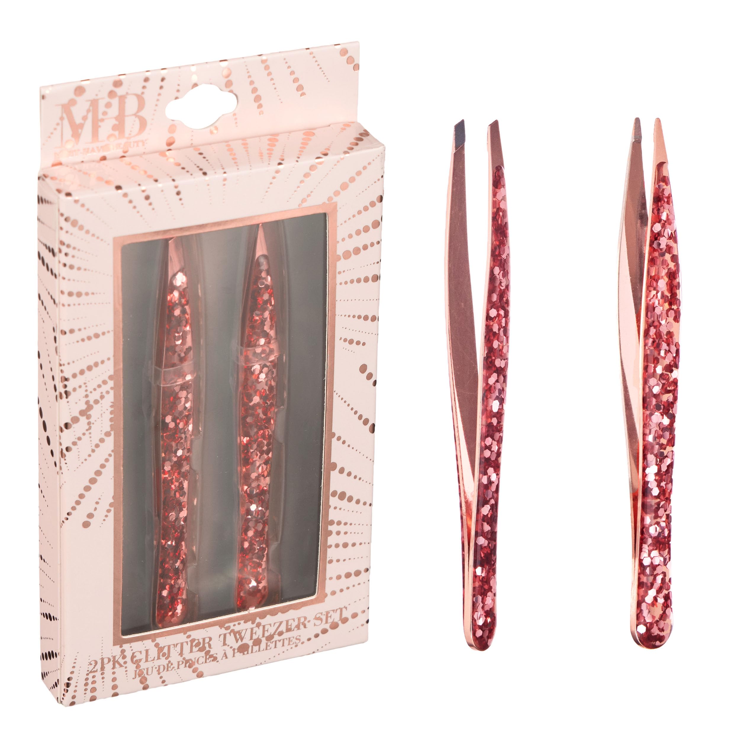 2pc Rose Gold Glitter Tweezer Set - Pointed & Slanted Precision Tweezers