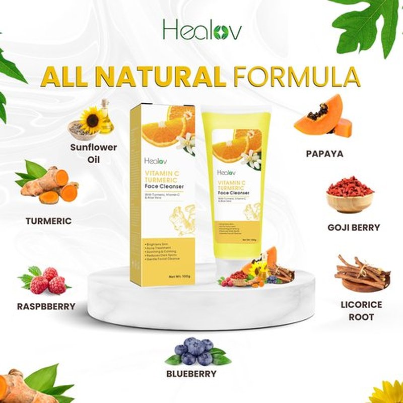 Healov Turmeric Face Wash – Skin Brightening Liquid Soap for Discoloration – Natural Anti Aging Exfoliating Facial Cleanser for Spots, Acne, Sun Damage – Turmeric Soap Skincare