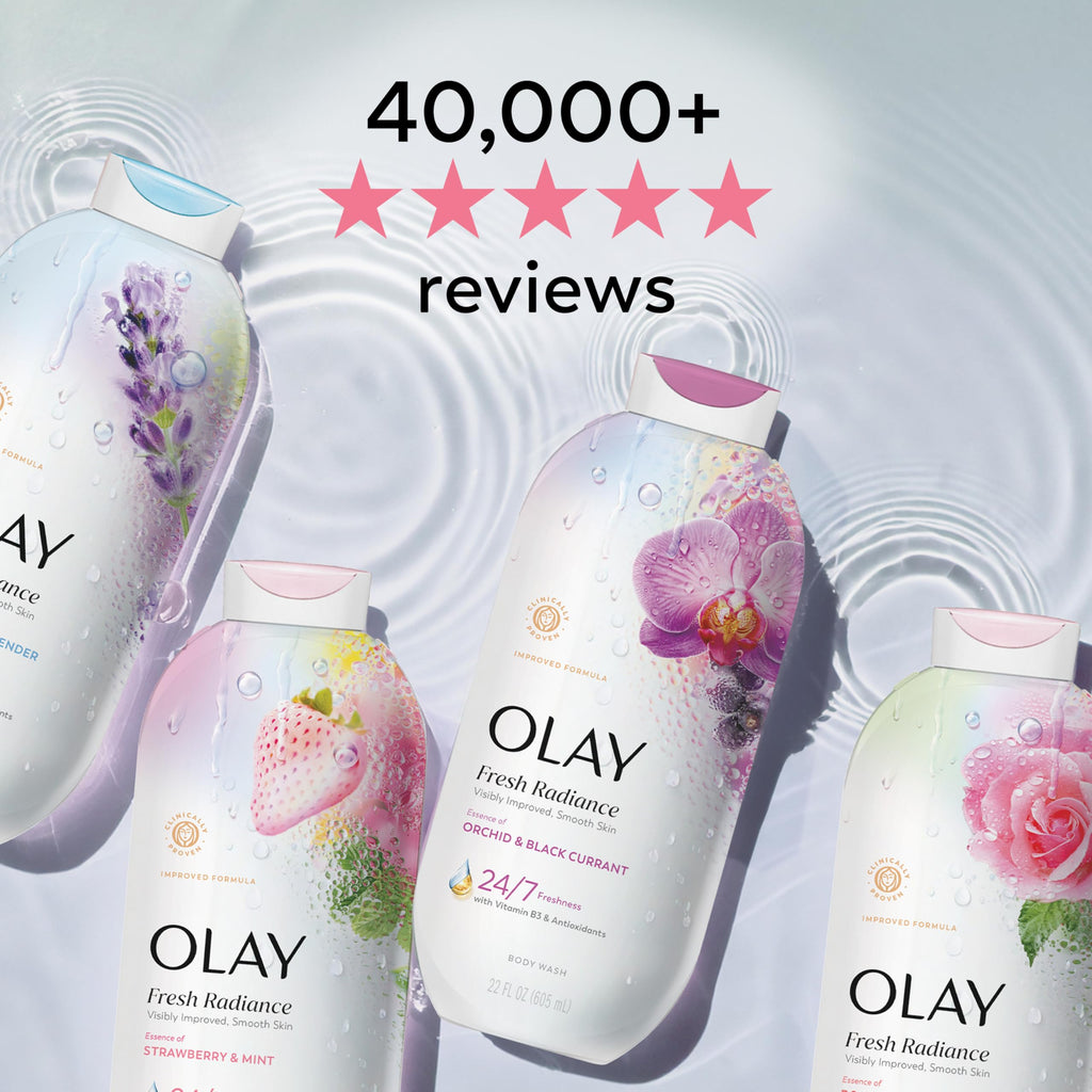 Olay Body Wash for Women, Fresh Radiance, 24/7 Skin-Loving Freshness, Visibly Radiant, Plant Based Cleansers, Vitamin B3 & Antioxidant Blend, For All Skin Types, Black Cherry & Vanilla Scent, 22 fl oz