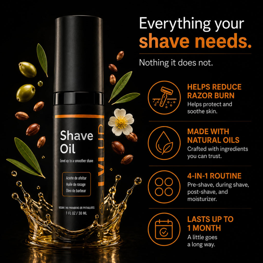 LVLUP Shave Oil for Men (1 oz) – 100% Natural Shaving Oil for Sensitive Skin – Prevents Razor Burn, Bumps & Irritation – Replaces Shaving Cream, Gel & Aftershave – Made in Austin, Texas