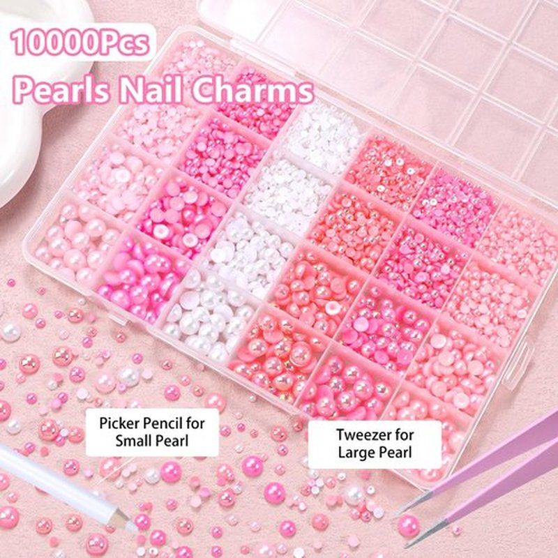 Pink Flatback Pearls for Crafting, 3/4/6/8mm Flatback Nail Pearls Beads, Half Round ABS Pink Color White Pearl Beads Gems for Nails Art DIY Crafting Face Hair Manicure DIY