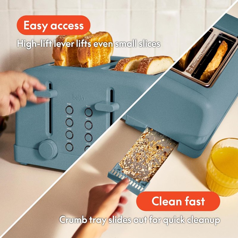 Bella 4-Slice Toaster - 6 Setting Shade Control, Reheat & Cancel Buttons, Removable Crumb Tray | 900 Watt, Surf Color