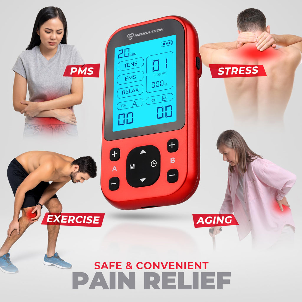 NEOCARBON TENS Unit Muscle Stimulator Pro for Back Pain Relief, Shoulder Recovery and Physical Therapy, Electronic Massager Machine with PMS Pulse for Effective Shock Therapy, Red