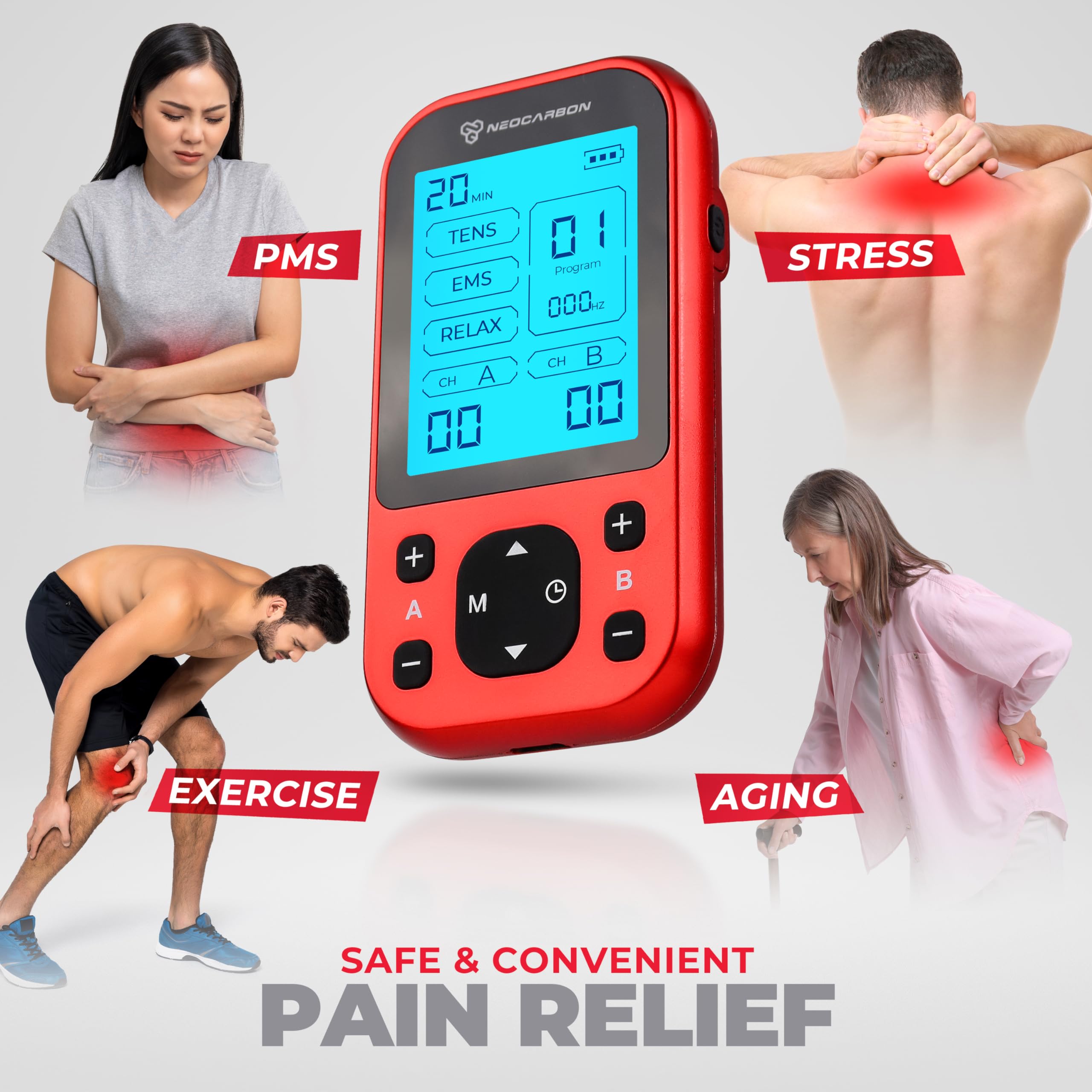 NEOCARBON TENS Unit Muscle Stimulator Pro for Back Pain Relief, Shoulder Recovery and Physical Therapy, Electronic Massager Machine with PMS Pulse for Effective Shock Therapy, Red