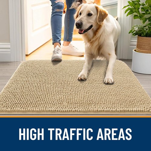 OLANLY Dog Door Mat - Absorbent Non-Slip Chenille Mat for Muddy Paws | 32x20 Inches, Beige