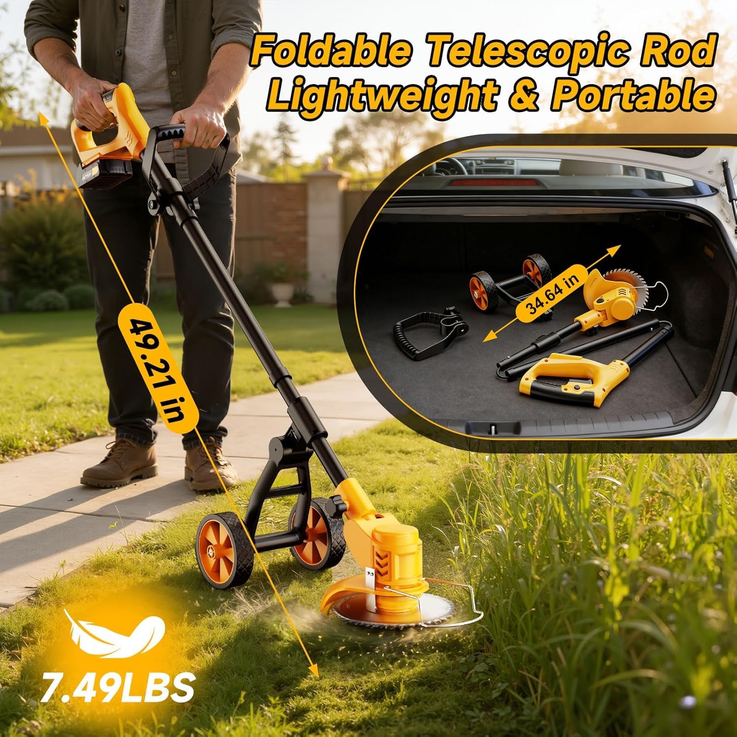 Electric Weed Wacker Cordless with Wheels,Electric Weed Eater Battery Powered 4000mAh,4 in 1 Grass Trimmer/Brush Cutter/Grass Edger/Small Lawn Mower,No String Trimmer with Blade, 2 Battery (Yellow)