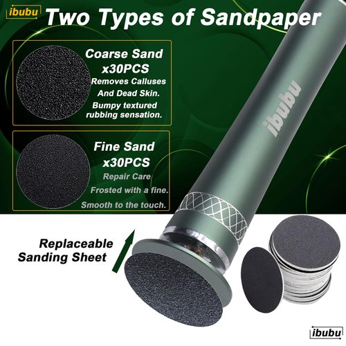 ibubu Electric Foot File Callus Remover Rechargeable Wireless Foot Sanders for Feet Professional Pedicure Tool with 60pcs Sandpaper Pad Discs for Dead Skin and Calluses Blackish Green