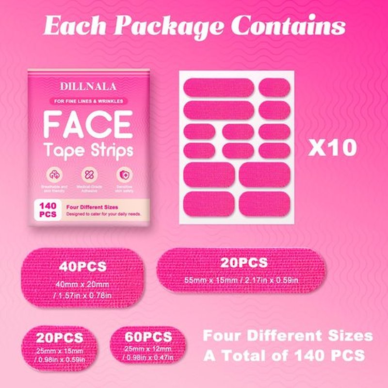 DILLNALA Face Tape Strips, Womens Overnight Anti-Wrinkle Patches, 140 Japanese Facial Lifting Tapes, Suitable For Forehead, Smile Lines, Frown Lines, 4 Sizes Smooth And Firm - Latex-Free