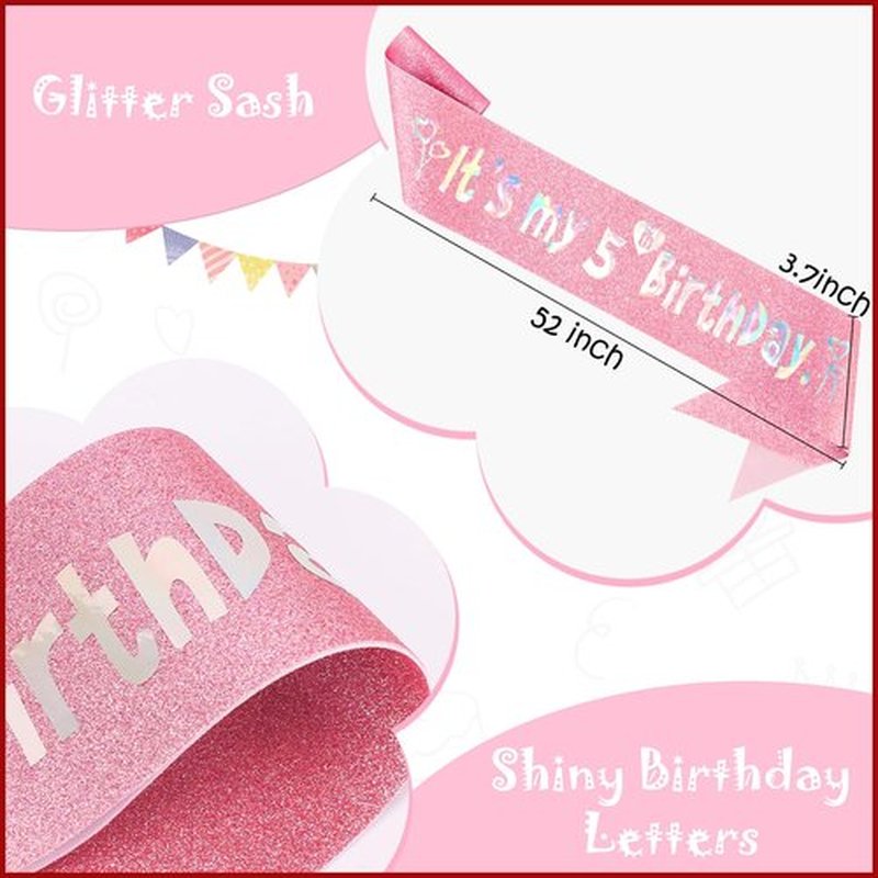 Hapdoo 5th Birthday Decorations for Girls Set - Happy 5th Birthday Princess Crown and Glitter Sash, 5 Year Old Girl Tiara Party Decorations Supplies Outfit Accessory Gifts