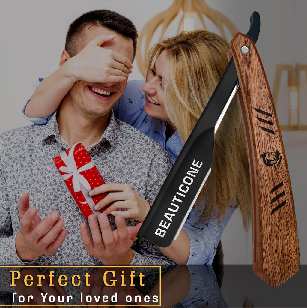 BEAUTICONE Straight Razors for Men - Professional Wood Handle Straight Edge Razor with 20 Replaceable Single Edge Blades - Stainless Steel Barber Shavette for Beard Shaving - Navajas para Barbero