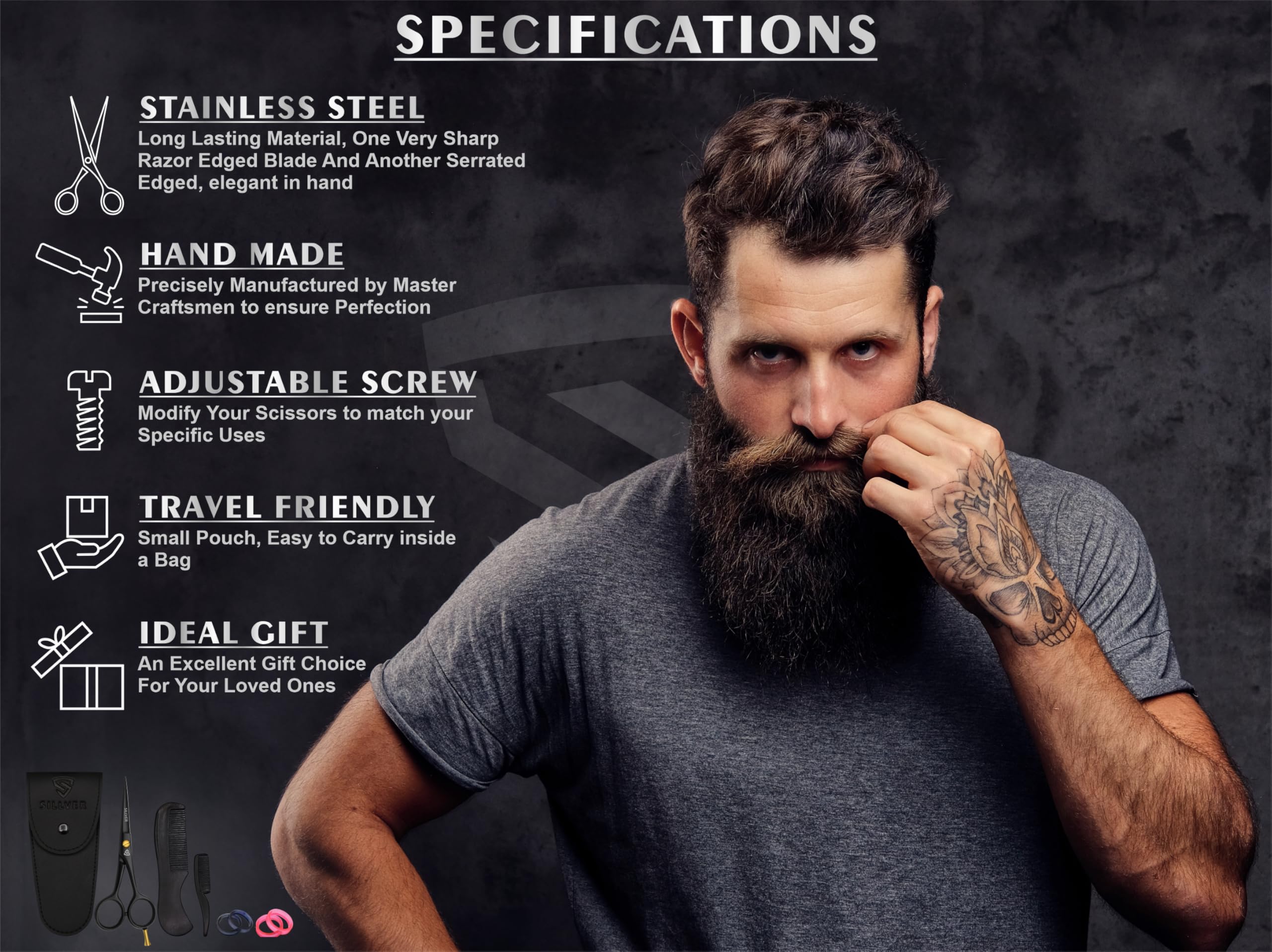 Professional Mustache Scissors 5 Inch, Razor Edged and Serrated, Beard Comb, Mustache Comb, Pouch -Beard Trimming Scissors for All Facial Hair– Grooming Scissors