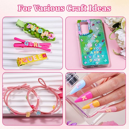 800PCS Letter Nail Art Charms and Half Pearls, Kawaii 3D Alphabet Nail Rhinestones Candy Flatback Resin Charms Glitter Design Decoden Charms for Nails Crafts Nail Decoration Accessories Women DIY
