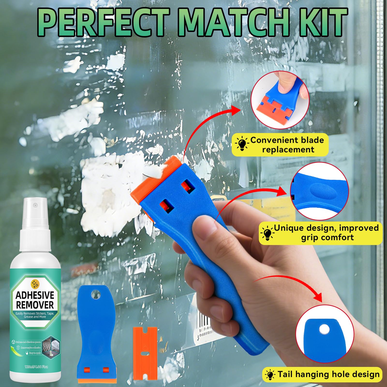 Halldeli Adhesive Remover Kit, Sticker Remover Spray for Cars, Floor, Windows, Surface-Safe Glue Remover with Plastic Scraper – Quickly Removes Decals, Tape Residue, Gum, Tar and Grease