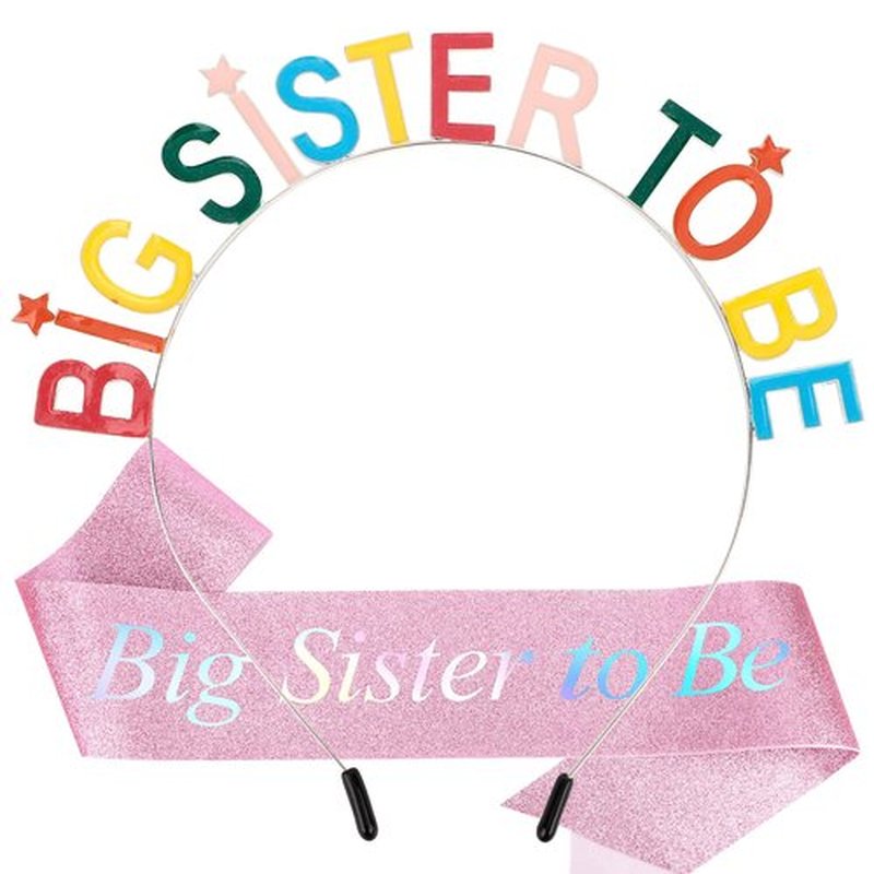 Exacoo Big Sister to Be Set Baby Shower Glitter Pink Sash Multicolor Headband Promoted to Be New Big Sis Announcement Gifts for Daughter Older Siblings of New Baby Party Supplies Accessories